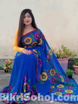 Half Silk Saree With Hand Print